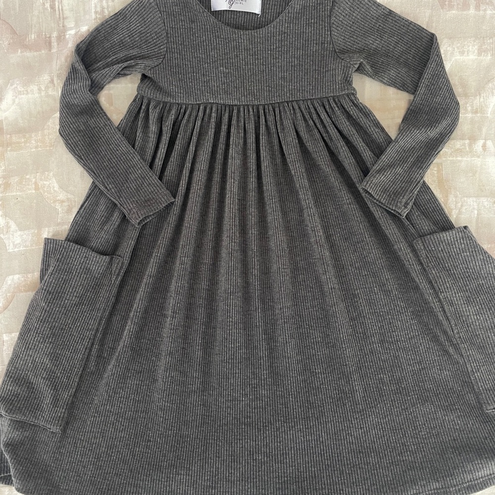 Remie Girl Long Sleeve Charcoal Ribbed Pocket Dress twirl soft cozy made in USA